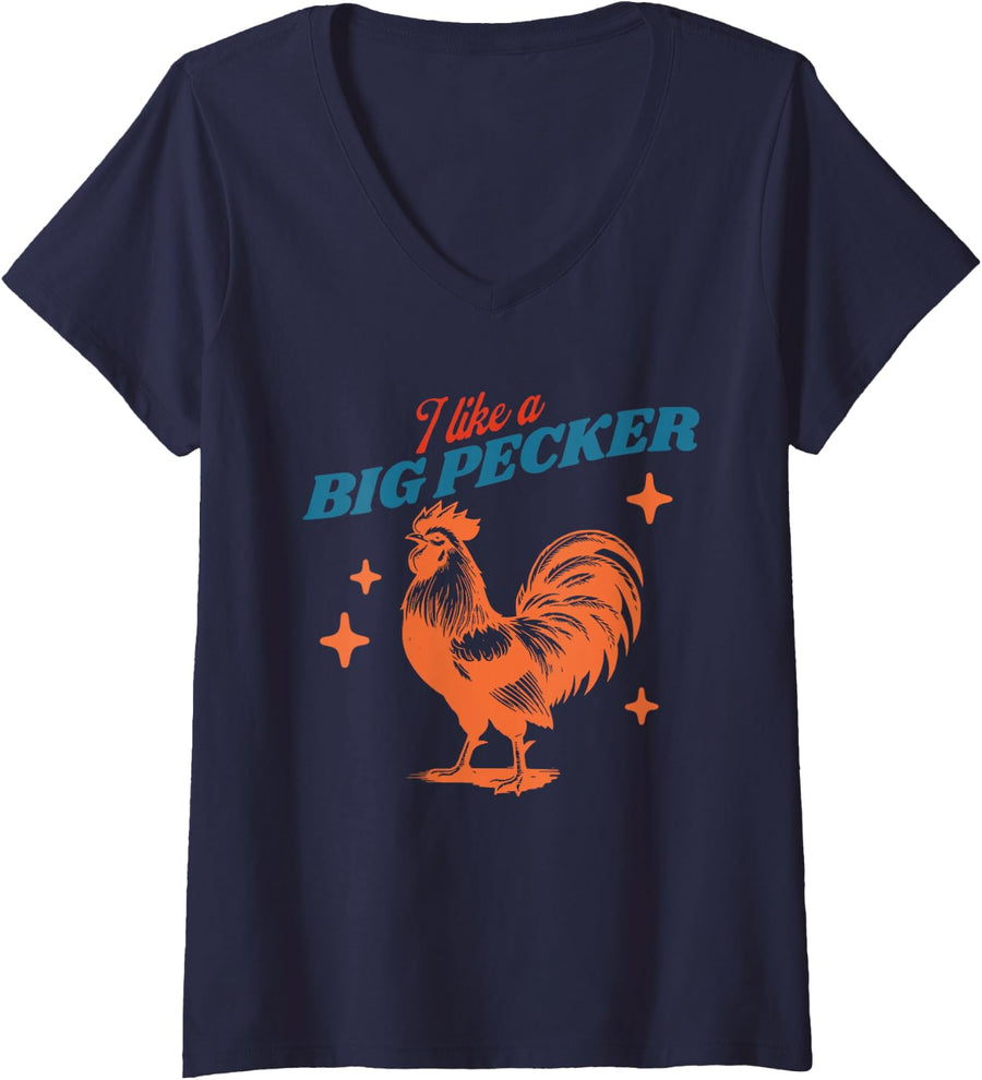 Women's I Like A Big Pecker Chicken Vintage Design V-Neck T-Shirt - Navy Blue