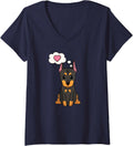 Women's Cute Doberman Pinscher Puppy Loves You with Heart V-Neck T-Shirt - Navy Blue
