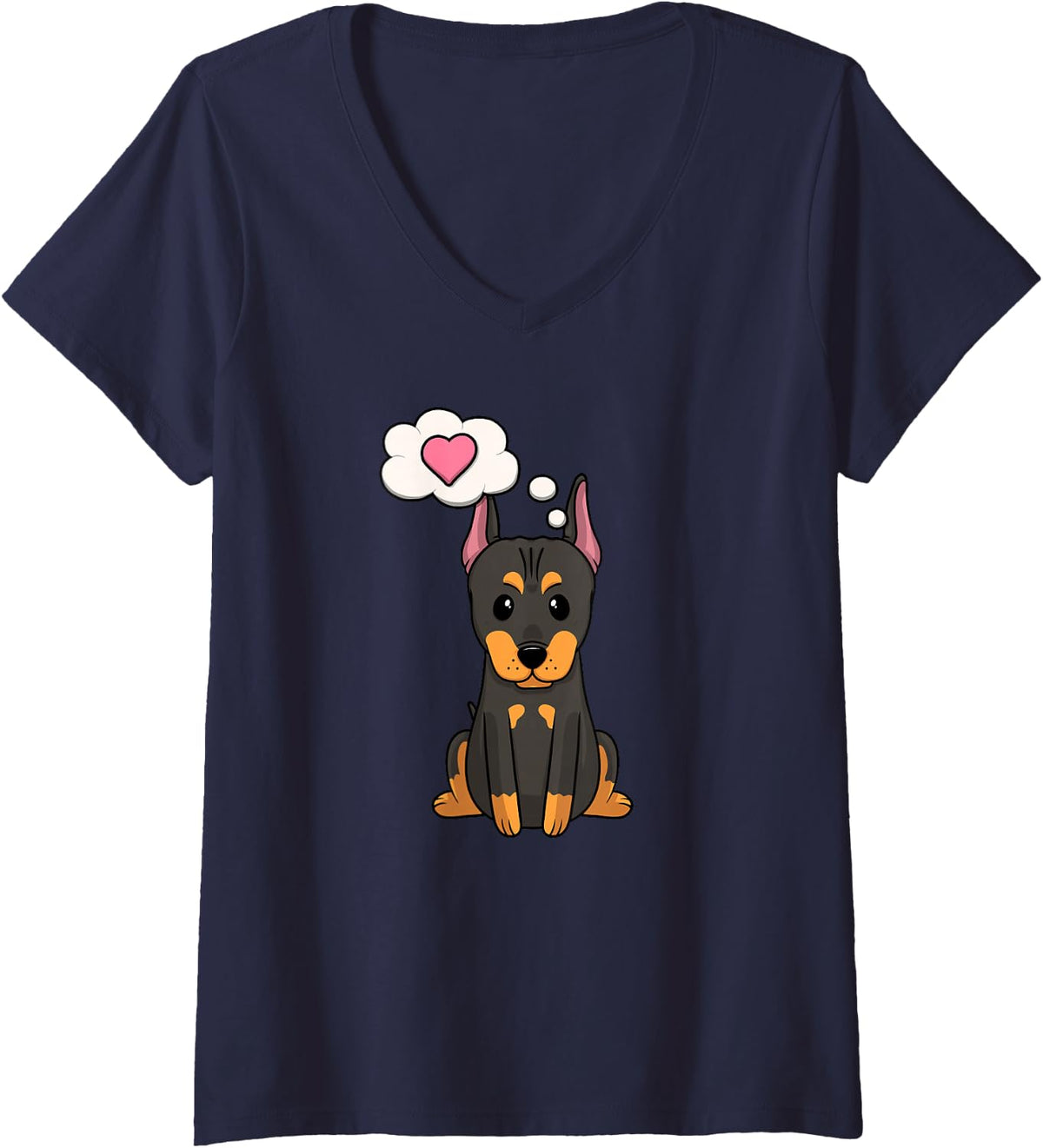Women's Cute Doberman Pinscher Puppy Loves You with Heart V-Neck T-Shirt - Navy Blue