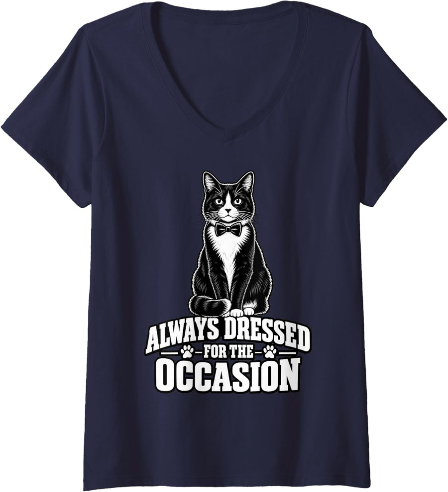 Women's Tuxedo Cat Always Dressed for The Occasion Mom Funny Owner V-Neck T-Shirt - Navy Blue