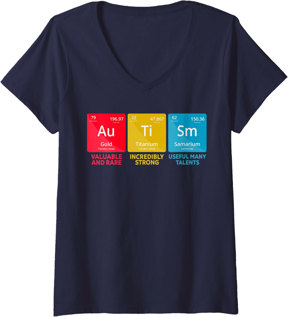 Women's Autism Awareness Men Kids Elements Periodic Table ASD V-Neck T-Shirt - Navy Blue