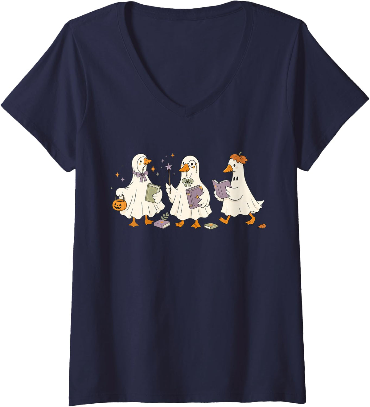 Women's Cute Halloween Book Lover Ghost Goose Reading V-Neck T-Shirt - Navy Blue