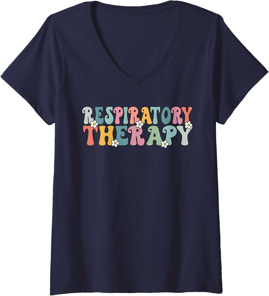 Womens Groovy Respiratory Therapy RT therapist funny RT Care Week V-Neck T-Shirt - Navy Blue
