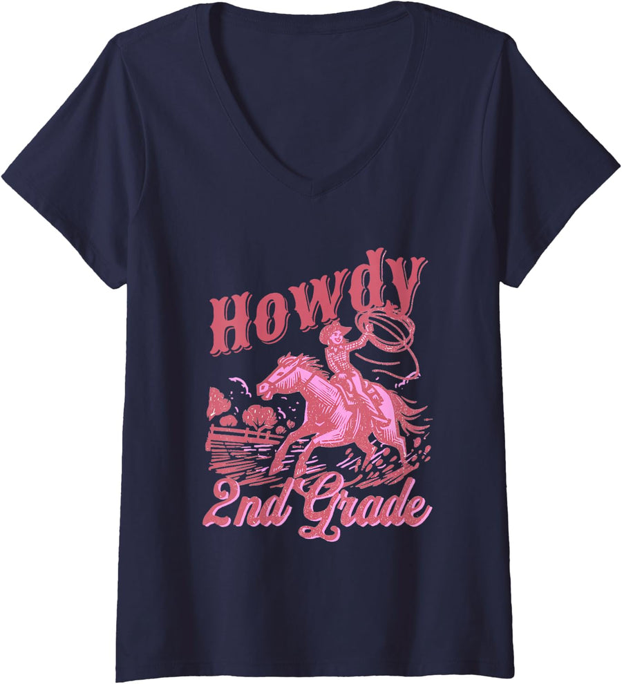 Women's Howdy Second Grade Cowgirl Teacher Western Back to School V-Neck T-Shirt - Navy Blue