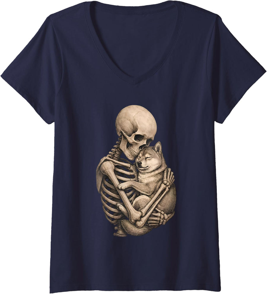 Women's Halloween Gothic Skeleton Hugging Shiba Inu Dog Lover V-Neck T-Shirt - Navy Blue