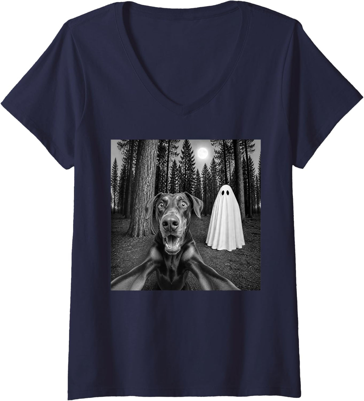Women's Spooky Doberman Selfie with Ghost Halloween Dobie Dog V-Neck T-Shirt - Navy Blue