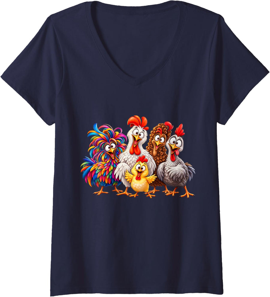 Women's Crazy Chicken Colourful Cartoon Family Funny Vintage Graphic V-Neck T-Shirt - Navy Blue