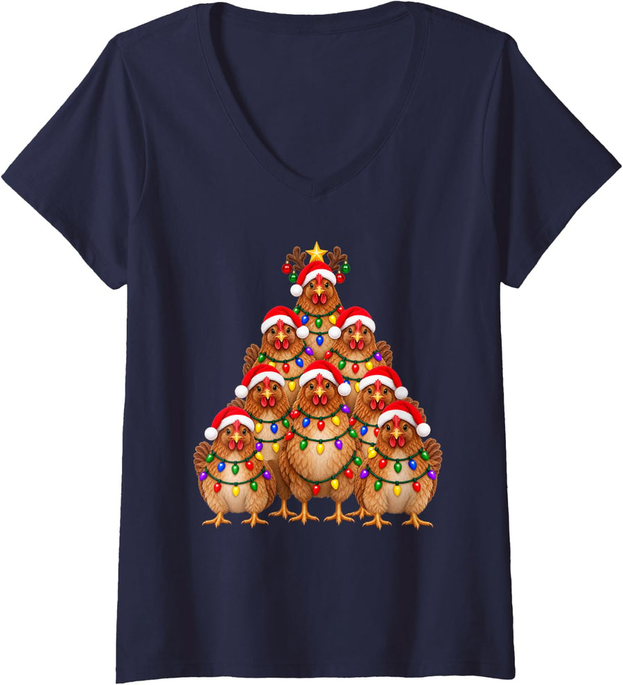 Women's Chicken Christmas Tree Lights Matching Family Xmas V-Neck T-Shirt - Navy Blue