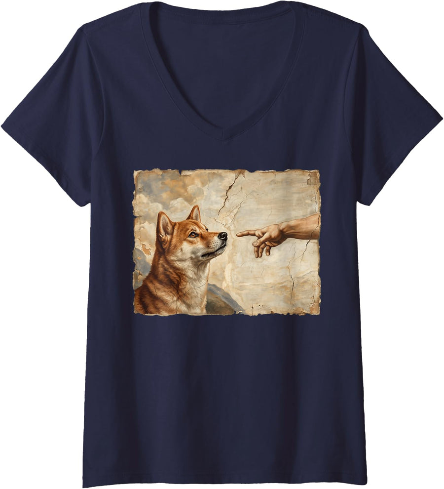 Women's Shiba Inu The Creation V-Neck T-Shirt - Navy Blue