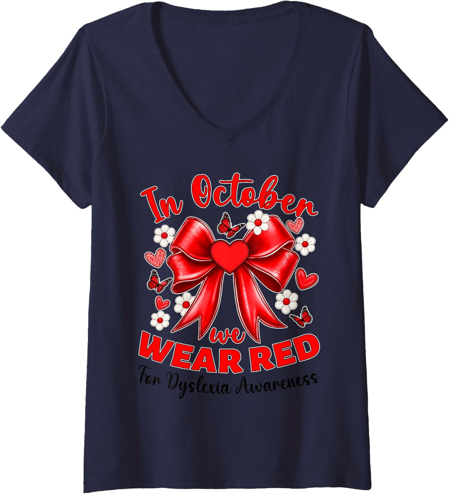 Women's Preppy in October We Wear Red Dyslexia Awareness Teacher Kid V-Neck T-Shirt - Navy Blue