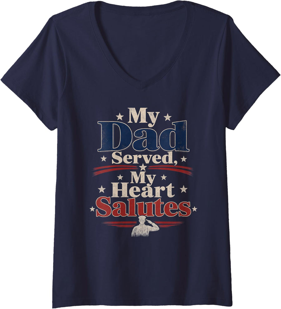 Women's Veterans Day Dad Served Salute V-Neck T-Shirt - Navy Blue