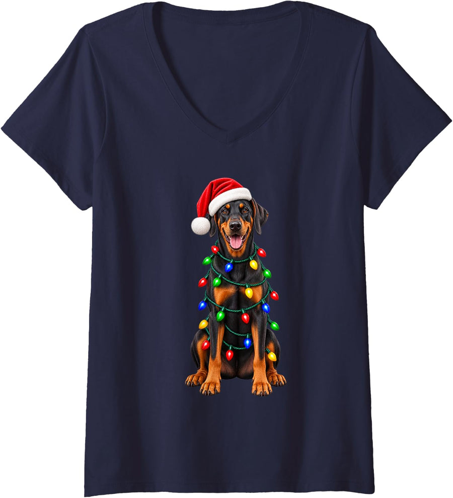Women's Doberman Pinscher Dog Christmas Matching Family Men Women V-Neck T-Shirt - Navy Blue