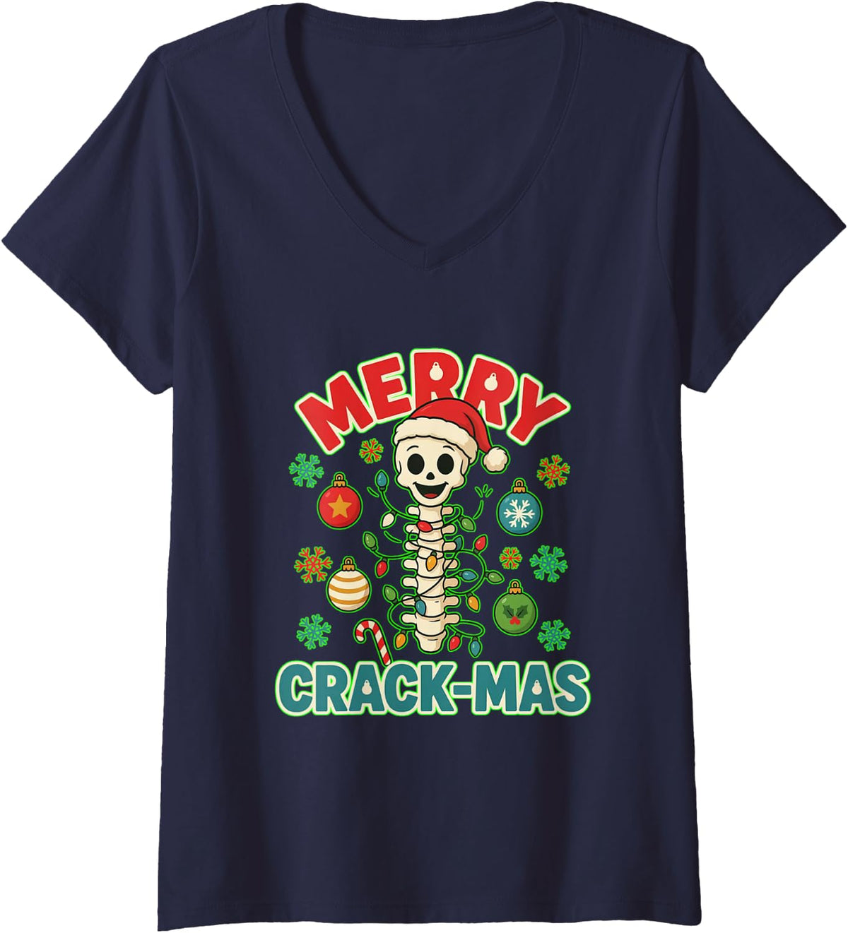 Women's Merry Crack-Mas Funny Chiropractor Christmas Spine V-Neck T-Shirt - Navy Blue
