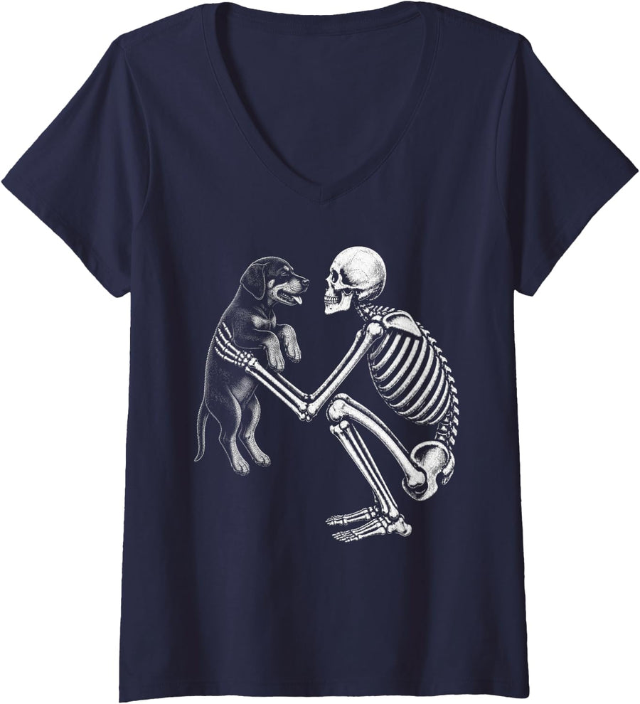 Women's Skeleton Holding Doberman Retro Halloween Dobie Dog V-Neck T-Shirt - Navy Blue