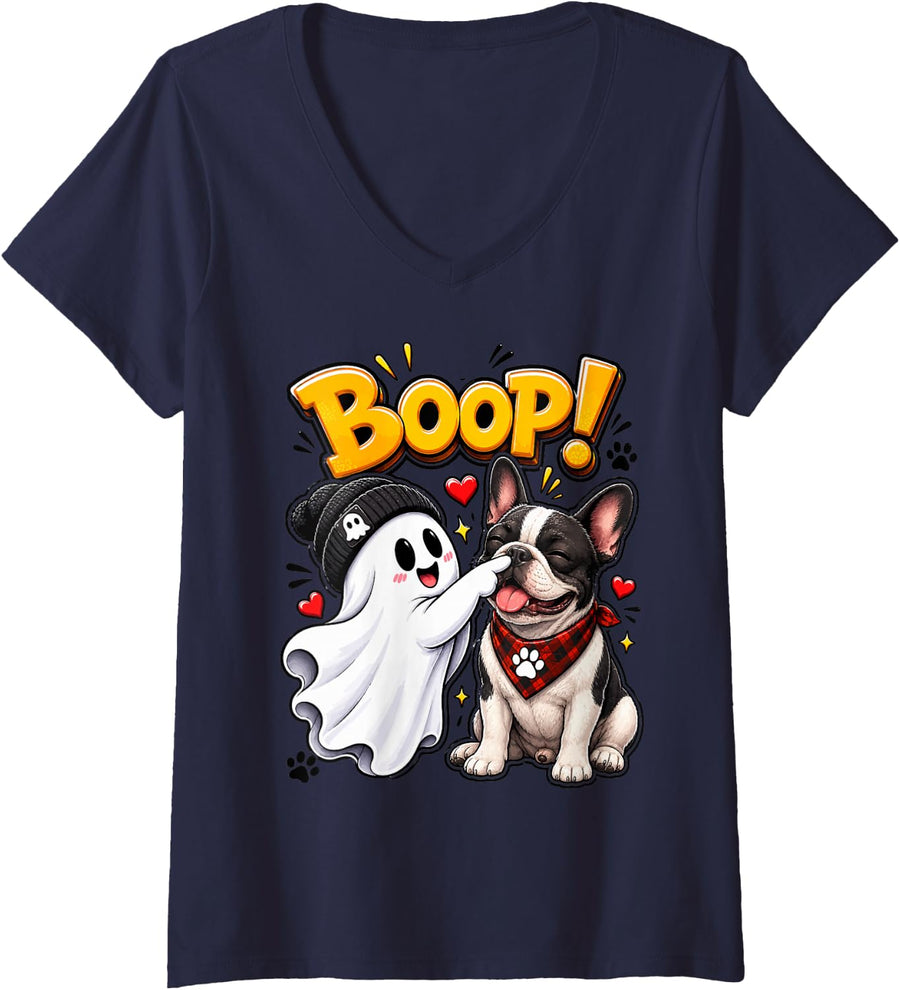 Women's French Bulldog Boo P Ghost Nose Boop Halloween Bulldog Lover V-Neck T-Shirt - Navy Blue