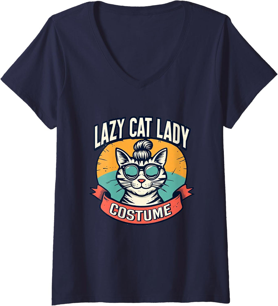 Women's Funny Lazy Cat Lady Costume V-Neck T-Shirt - Navy Blue