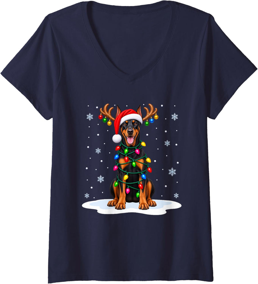 Women's Doberman Pinscher Christmas Tree Lights Xmas Pet Dog Lover V-Neck T-Shirt - Navy Blue