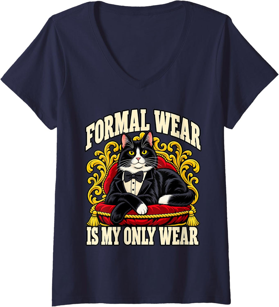 Women's Tuxedo Cat Formal Wear is My Only Wear Kitty Feline Owner V-Neck T-Shirt - Navy Blue