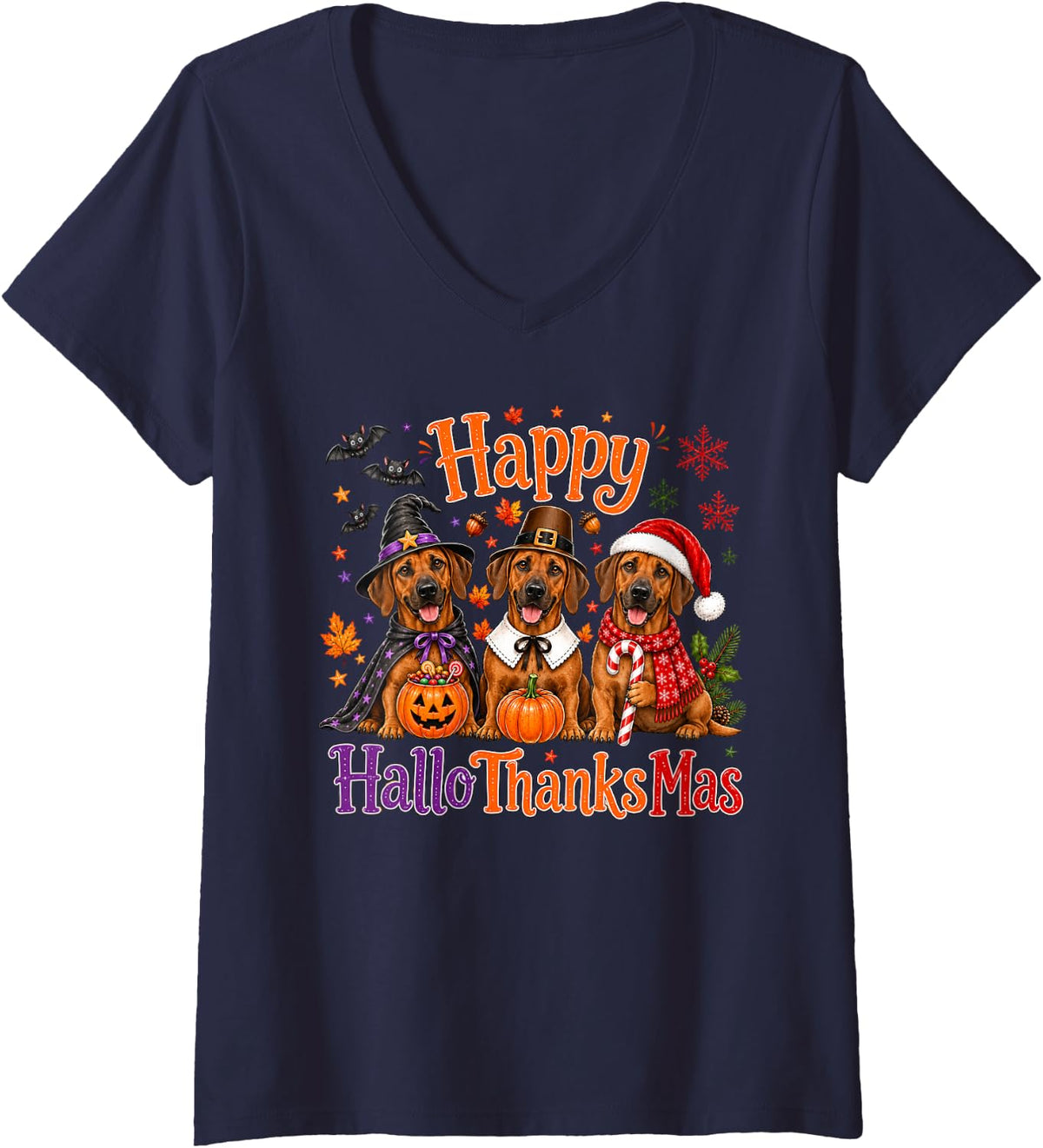 Women's Rhodesian Ridgeback Happy Hallothanksmas Halloween V-Neck T-Shirt - Navy Blue