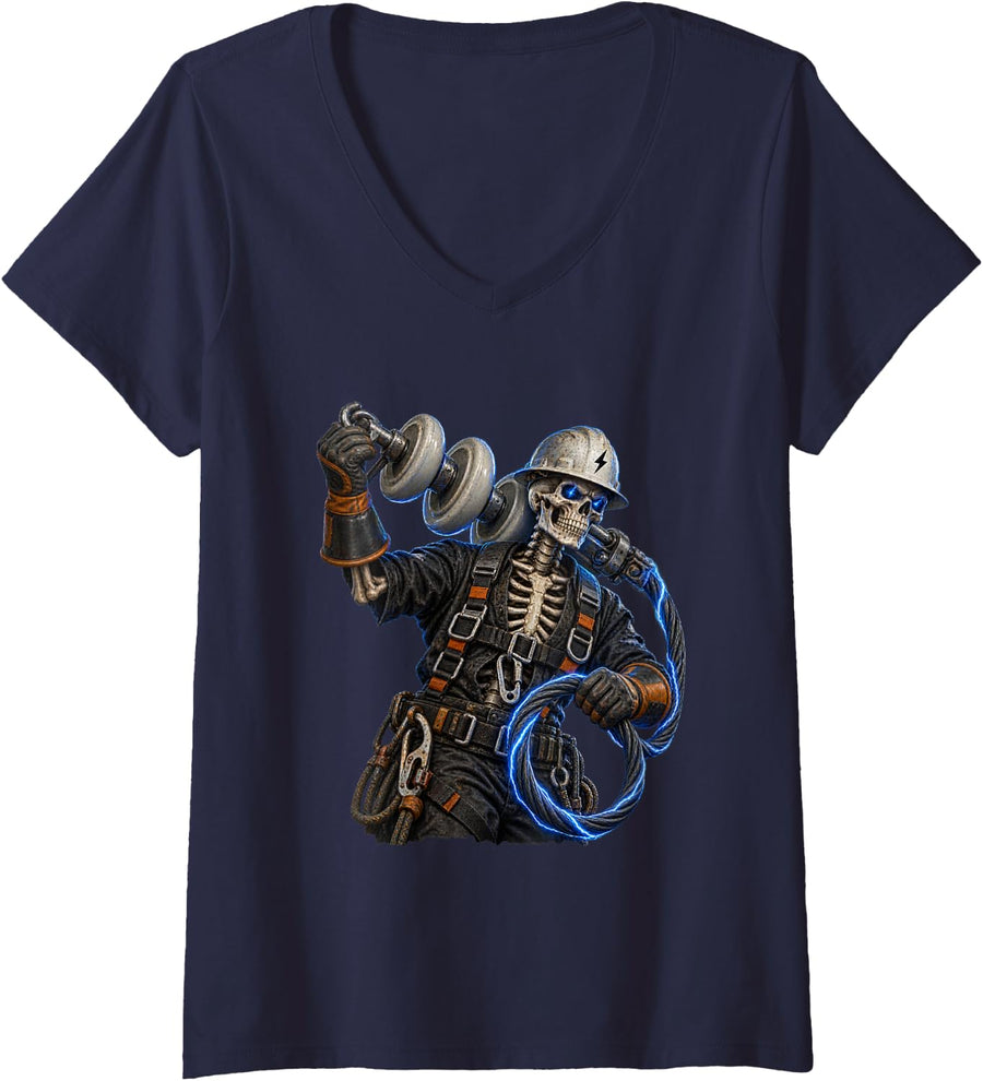 Women's Scary Skeleton Lineman Design for Lineworkers and Lineman V-Neck T-Shirt - Navy Blue