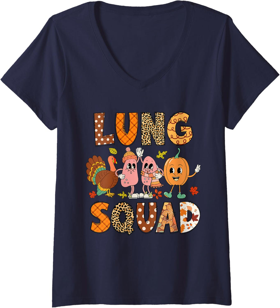 Women's Lung Squad Turkey Pumpkin Respiratory Therapist Thanksgiving V-Neck T-Shirt - Navy Blue