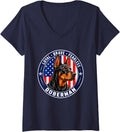 Women's Doberman Pinscher Dog Lover Patriotic USA American Flag V-Neck T-Shirt - Navy Blue