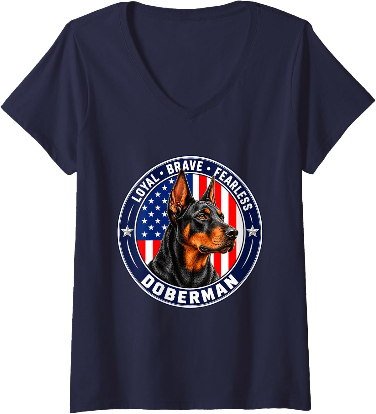 Women's Doberman Pinscher Dog Lover Patriotic USA American Flag V-Neck T-Shirt - Navy Blue