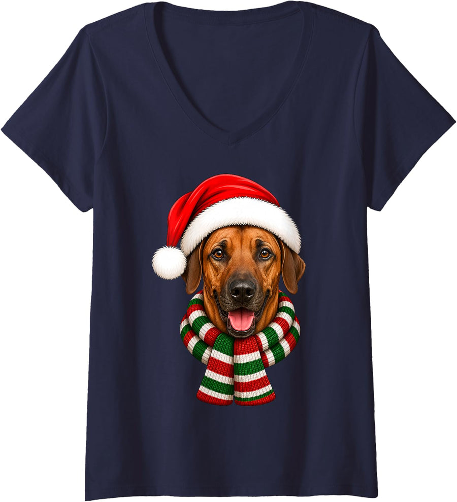 Women's Rhodesian Ridgeback Dog Christmas Santa Hat Scarf Xmas V-Neck T-Shirt - Navy Blue