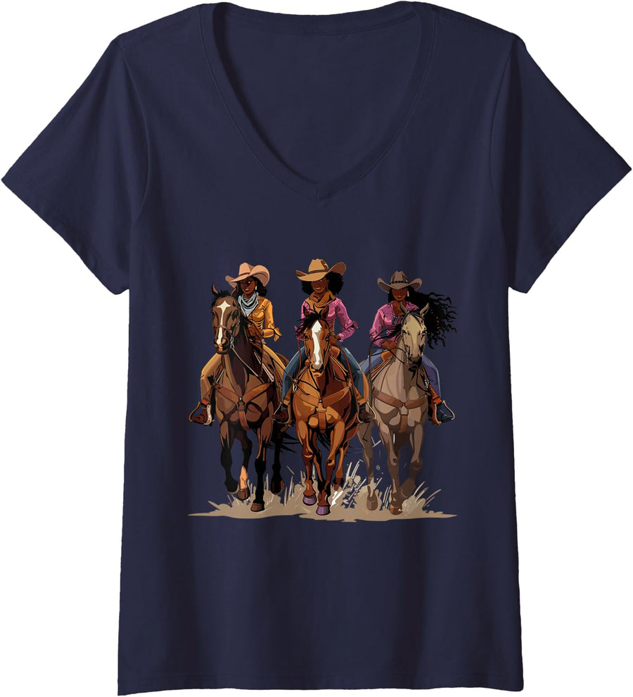 Womens Black African American Cowgirl Western Country Texas Rodeo V-Neck T-Shirt - Navy Blue
