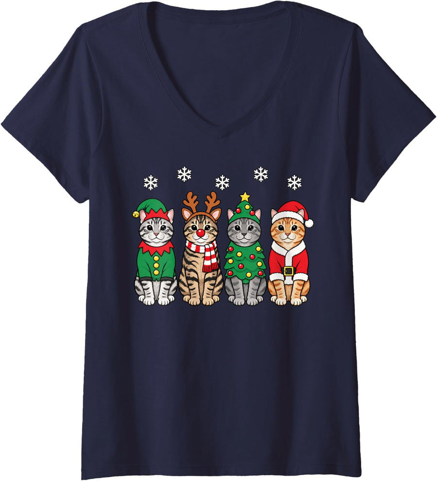 Women's American Shorthair cat Christmas Reindeer Santa V-Neck T-Shirt - Navy Blue