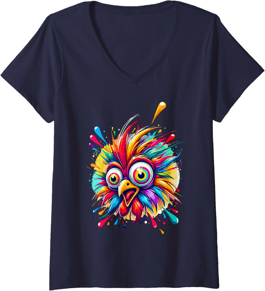 Women's Colorful Crazy Chicken Farmer V-Neck T-Shirt - Navy Blue