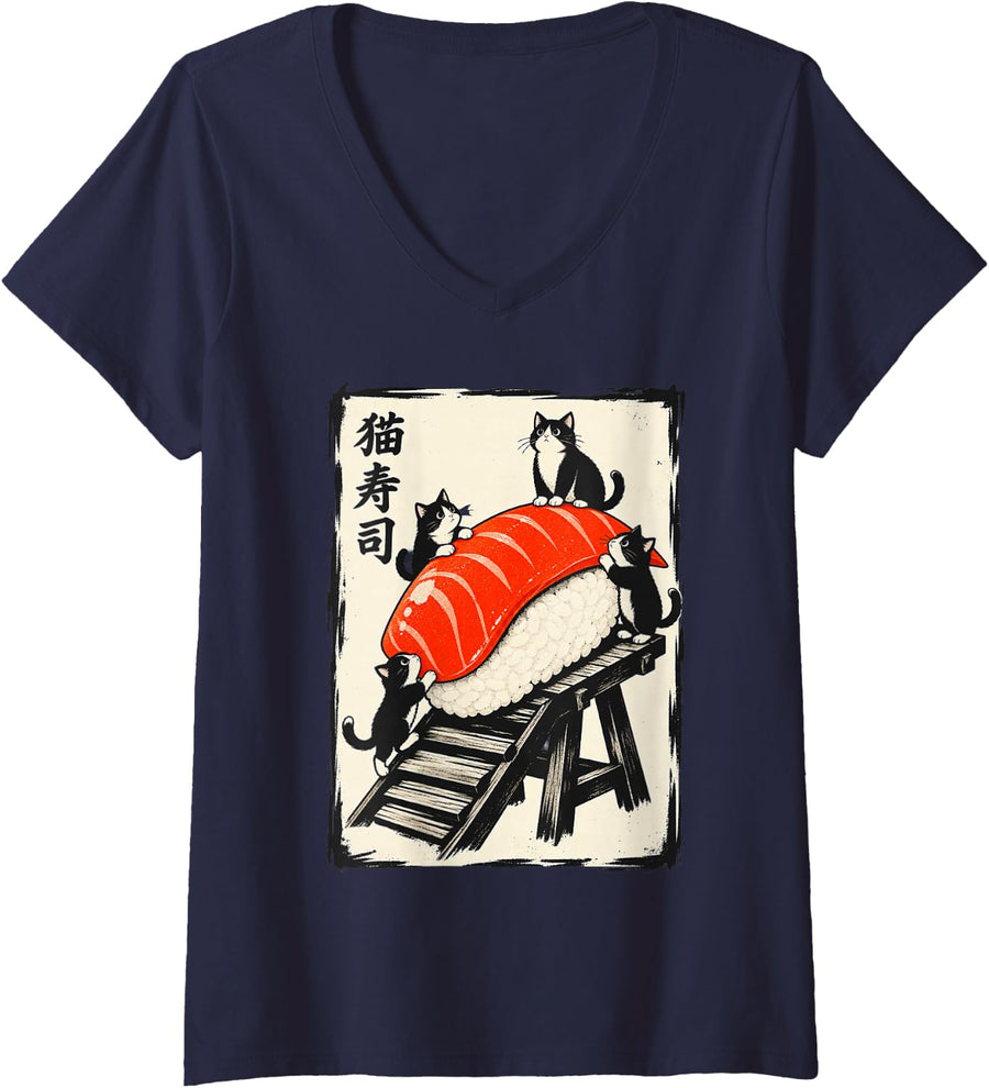 Women's Kawaii Cat Sushi Nigiri Japanese Tuxedo Cat Funny Food Art V-Neck T-Shirt - Navy Blue