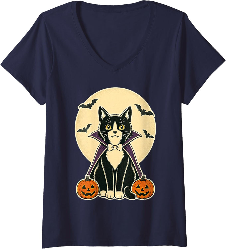 Women's Halloween Tuxedo Cat Vampire Cape Bow Tie Fangs V-Neck T-Shirt - Navy Blue