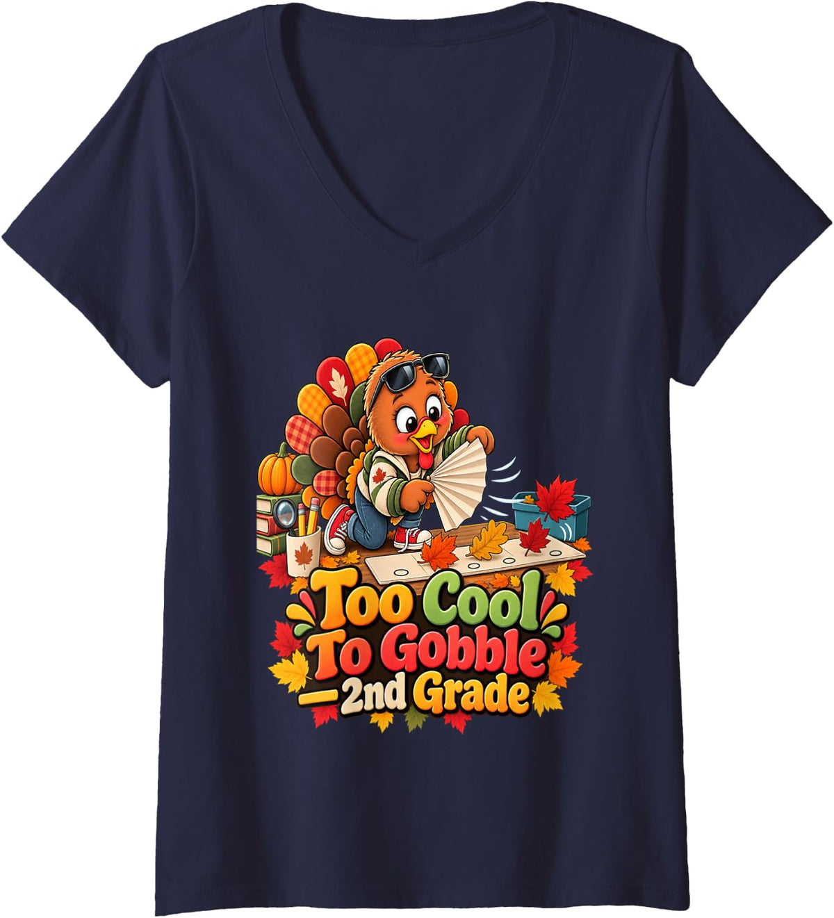Women's Too Cool to Gobble 2nd Turkey Second Grade Thanksgiving V-Neck T-Shirt - Navy Blue