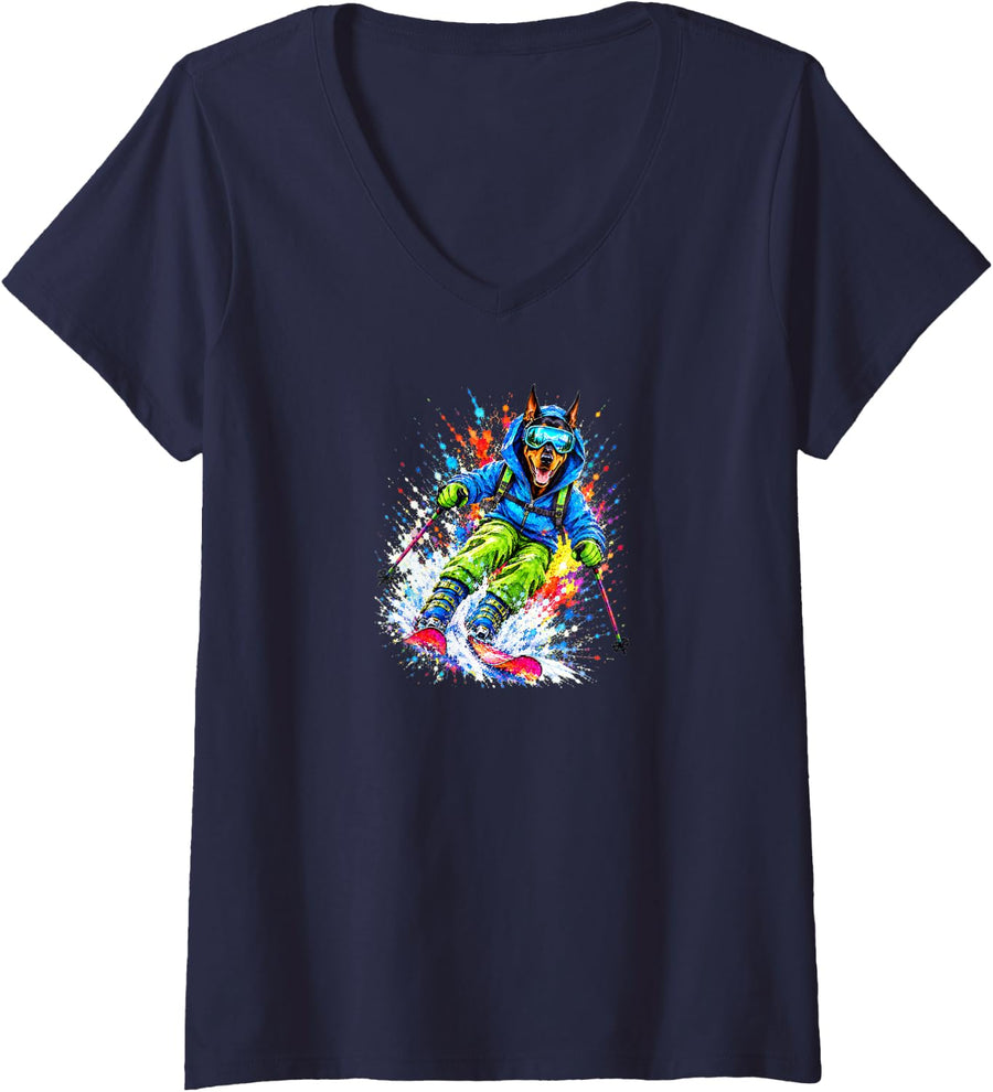 Women's Doberman Pinscher Dog Skiing Watercolor Splash Art V-Neck T-Shirt - Navy Blue
