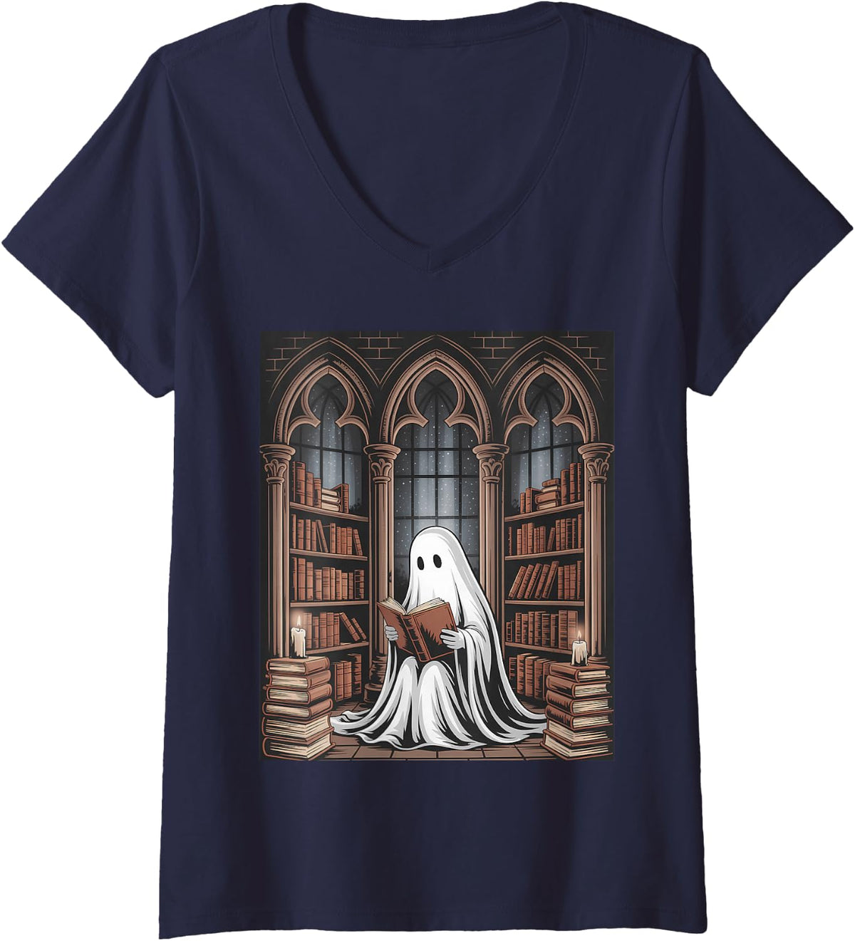 Women's Halloween Librarian Ghost Reading Books Lovers Library V-Neck T-Shirt - Navy Blue