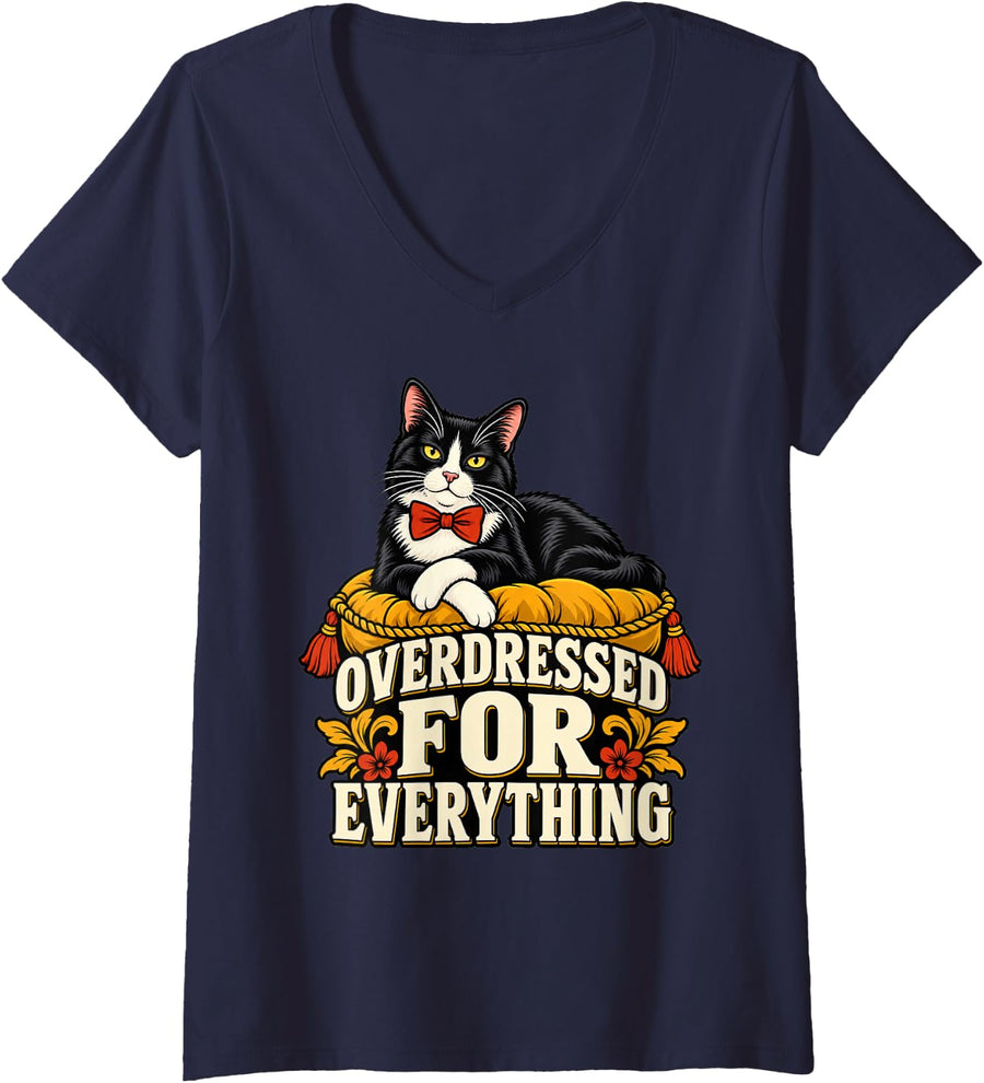 Women's Tuxedo Cat Overdressed for Everything Funny Kitty Mom Kitten V-Neck T-Shirt - Navy Blue