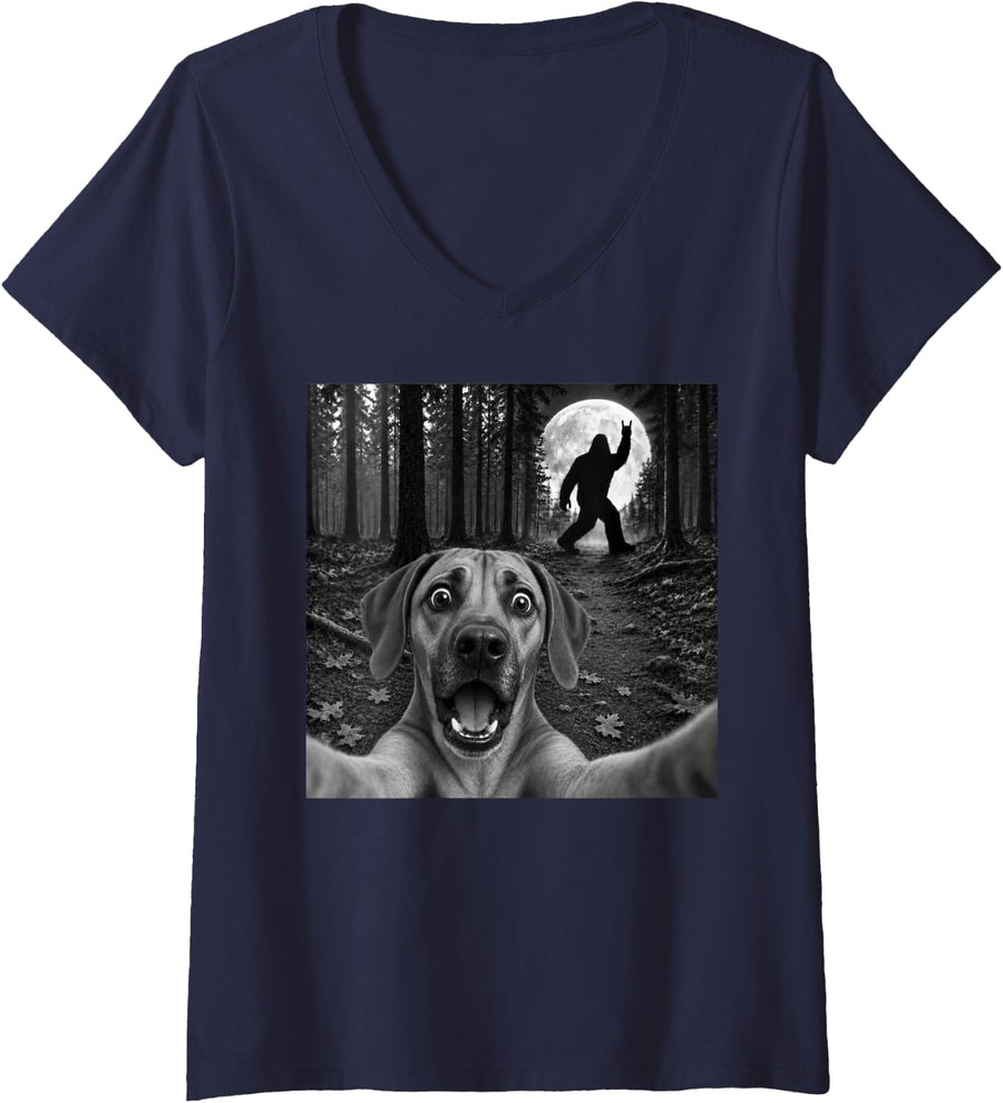 Women's Rhodesian Ridgeback Selfie with Bigfoot Rock and Roll Dog V-Neck T-Shirt - Navy Blue