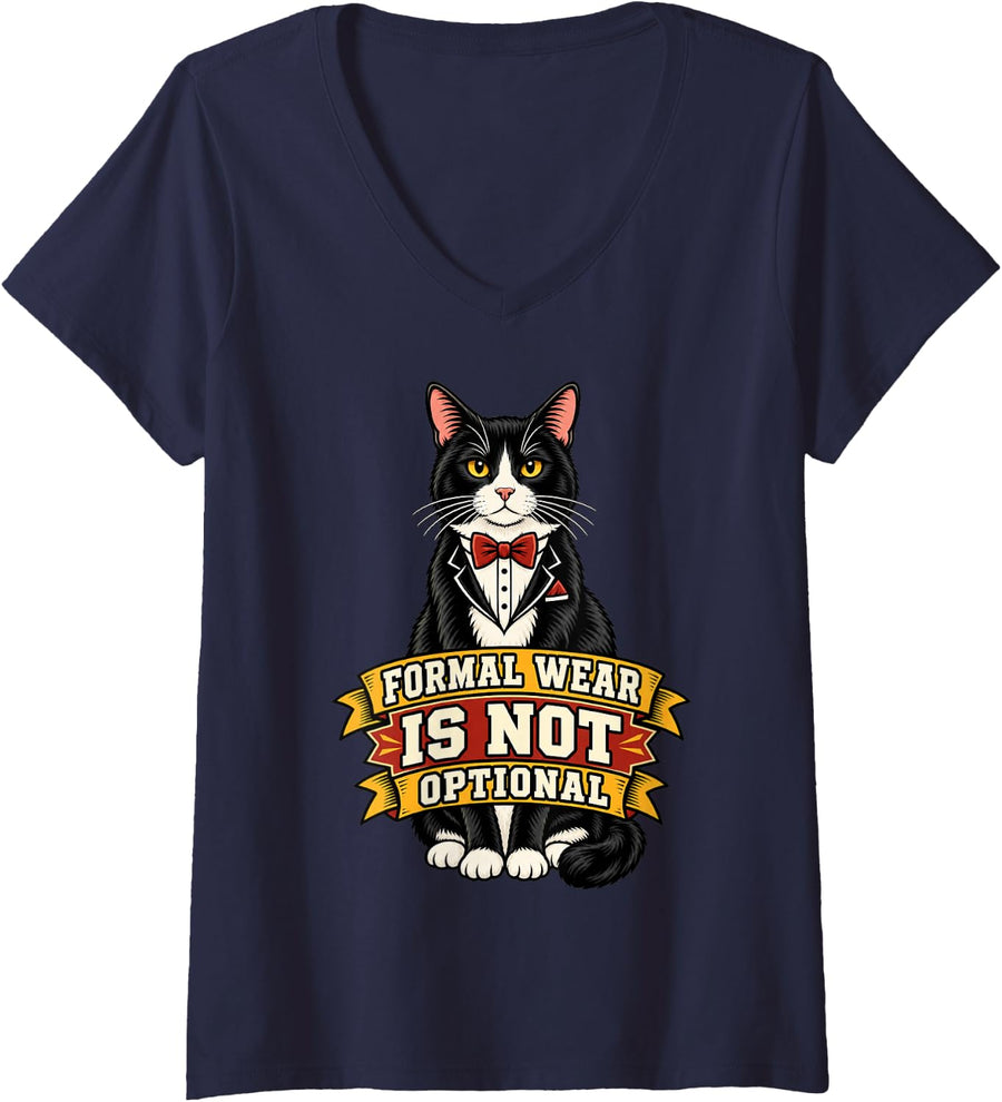 Women's Tuxedo Cat Formal Wear is Not Optional Funny Kitty Mom Lover V-Neck T-Shirt - Navy Blue