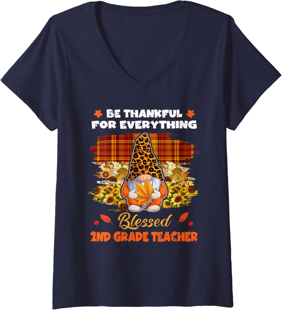 Women's Thankful Blessed 2nd Grade Teacher Gnome Thanksgiving V-Neck T-Shirt - Navy Blue