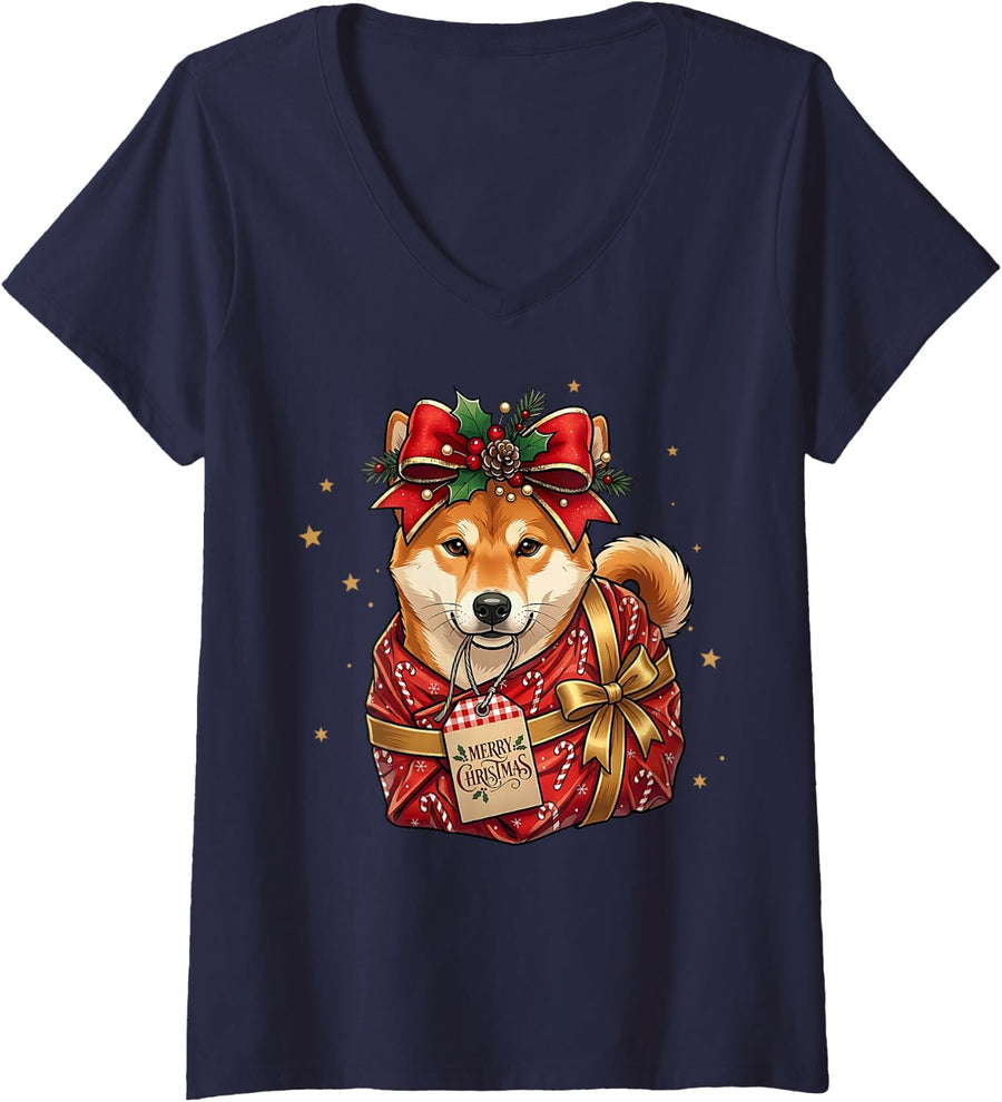Women's Shiba Inu Dog Candy Cane Wrapping Paper Present Holly V-Neck T-Shirt - Navy Blue