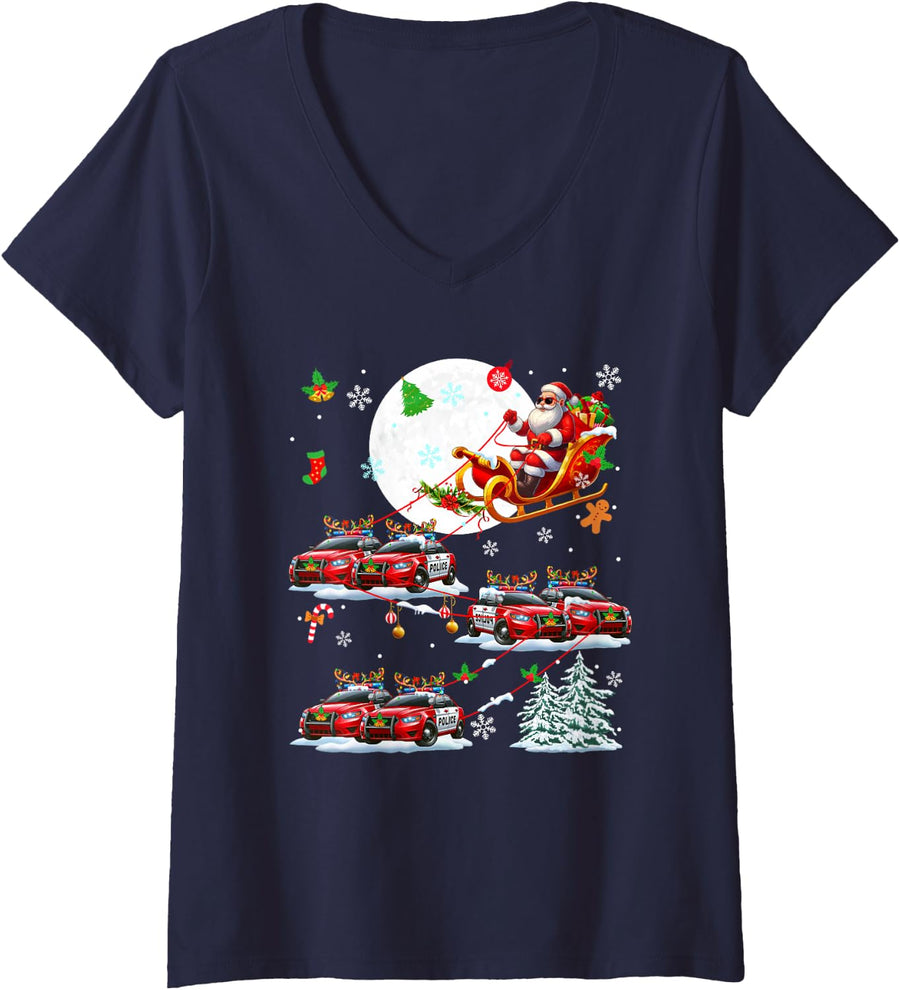 Women's Santa Sunglasses Sleigh Reindeer Police Cars Christmas V-Neck T-Shirt - Navy Blue