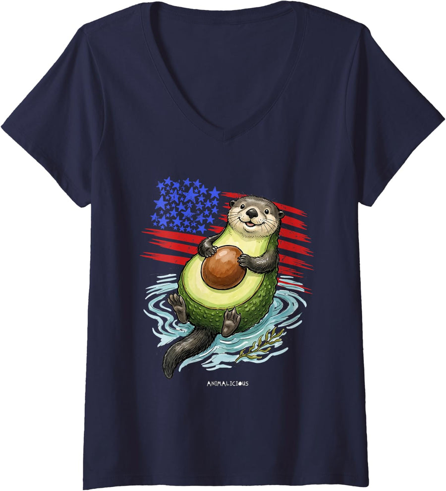 Women's California Funny SEA Otter with Avocado V-Neck T-Shirt - Navy Blue