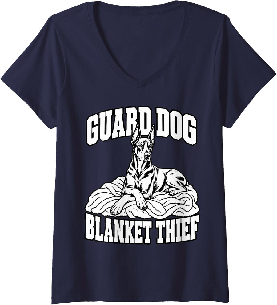 Women's Doberman Guard Dog Blanket Thief Owner Funny Pinscher V-Neck T-Shirt - Navy Blue
