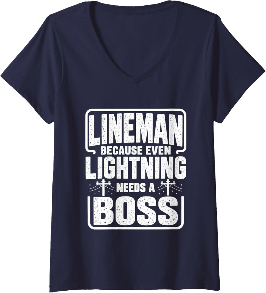 Women's Lineman Lightning boss Utility Worker Electrician Humor V-Neck T-Shirt - Navy Blue