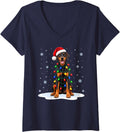 Women's Doberman Pinscher Christmas Lights Pet Dog Animal Lover Xmas V-Neck T-Shirt - Navy Blue