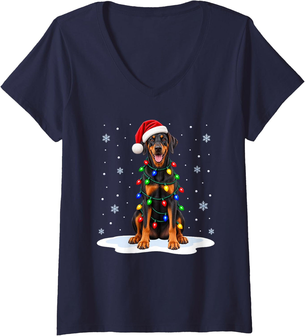 Women's Doberman Pinscher Christmas Lights Pet Dog Animal Lover Xmas V-Neck T-Shirt - Navy Blue