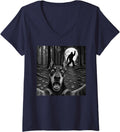 Women's Doberman Selfie with Bigfoot Rock and Roll Dog Sasquatch V-Neck T-Shirt - Navy Blue