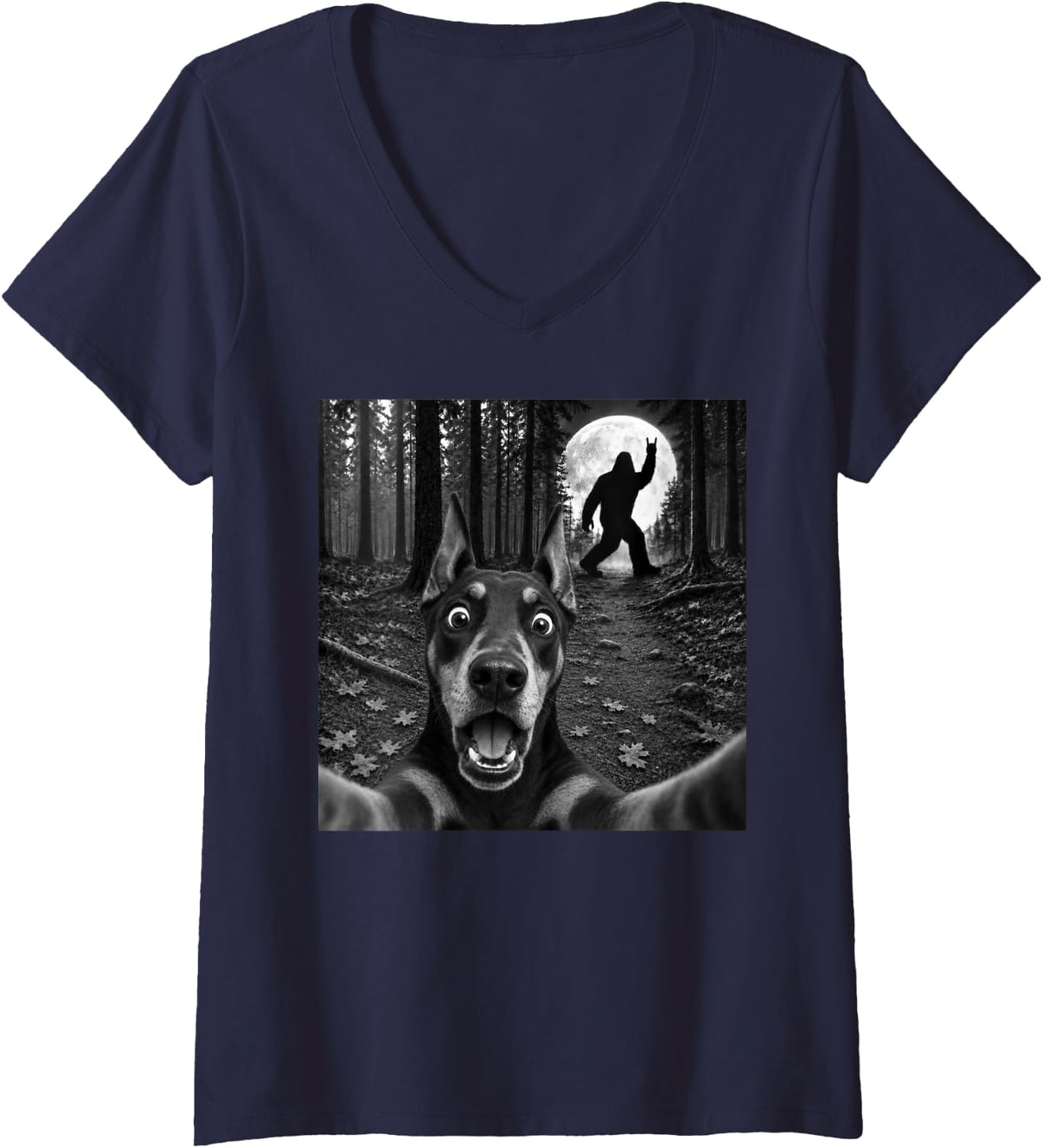 Women's Doberman Selfie with Bigfoot Rock and Roll Dog Sasquatch V-Neck T-Shirt - Navy Blue