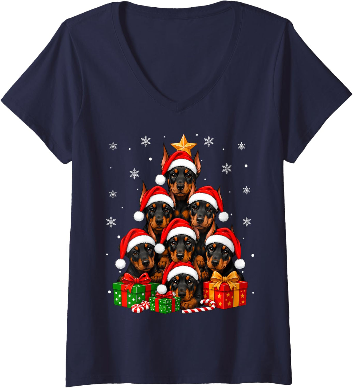 Women's Doberman Pinscher Dog Christmas Tree Cute Festive Pet Xmas V-Neck T-Shirt - Navy Blue